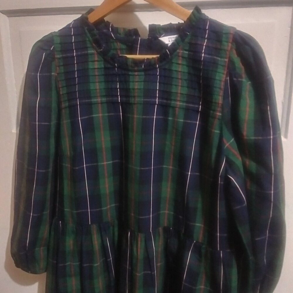 Crown & Ivy Dress sz 16 Plaid, Embroidered, Eyelet, Pleated Shoulder